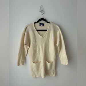 Vintage Lambswool Angora Cream Sweater Minimalist Soft Knit Pocket V Neck S